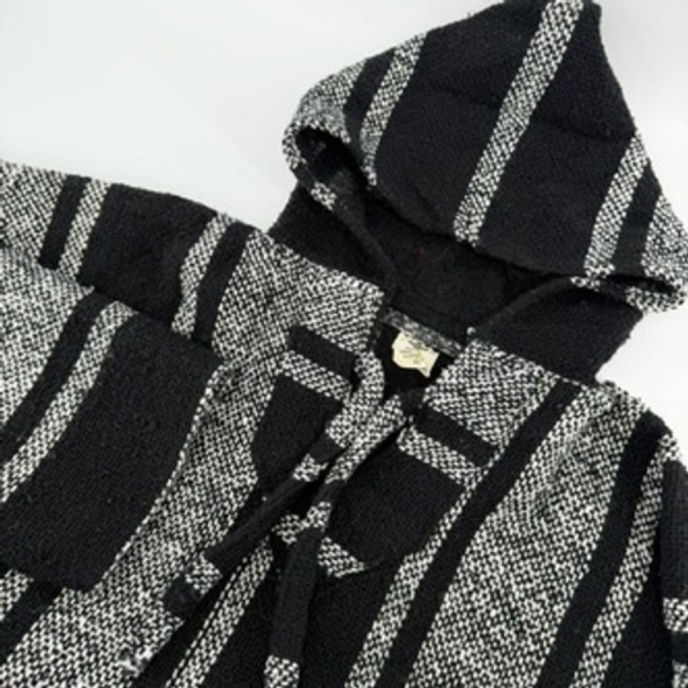 Imports Baja Hoodie Mens XL Black White Striped Drug Rug Mexican Poncho Pullover